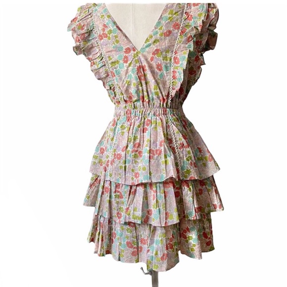 Love the Label Ines Ivory Floral Ruffle Tiered Boho Dress New with Tags Size L - Picture 4 of 10